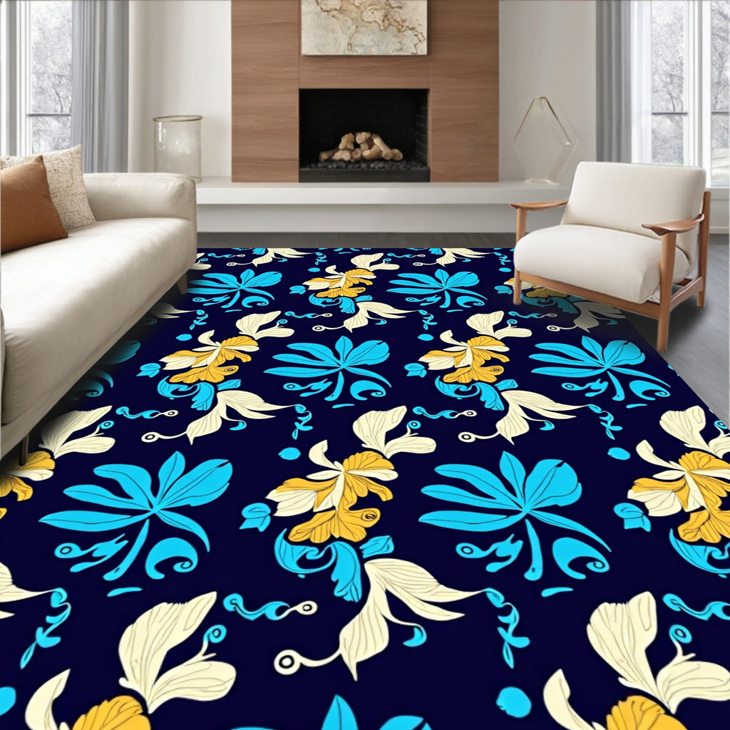 Bold Floral Pattern With Blue Gold Rug