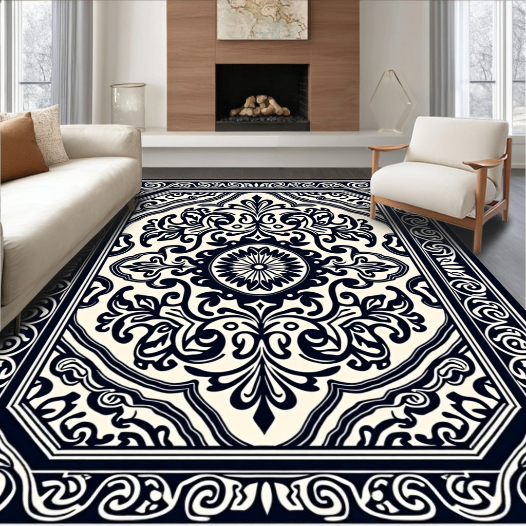 Classic Black White Floral Medallion Design Rug