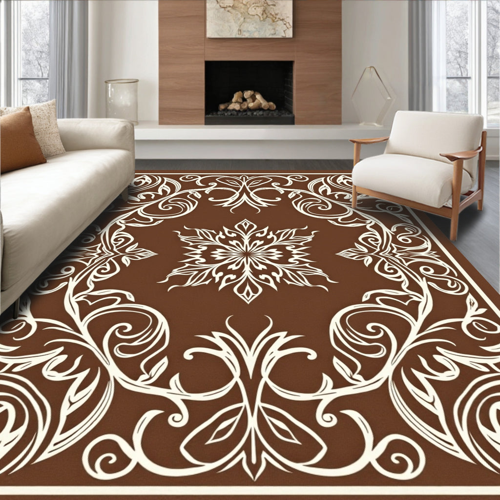 Elegant White Floral Scrollwork Rug