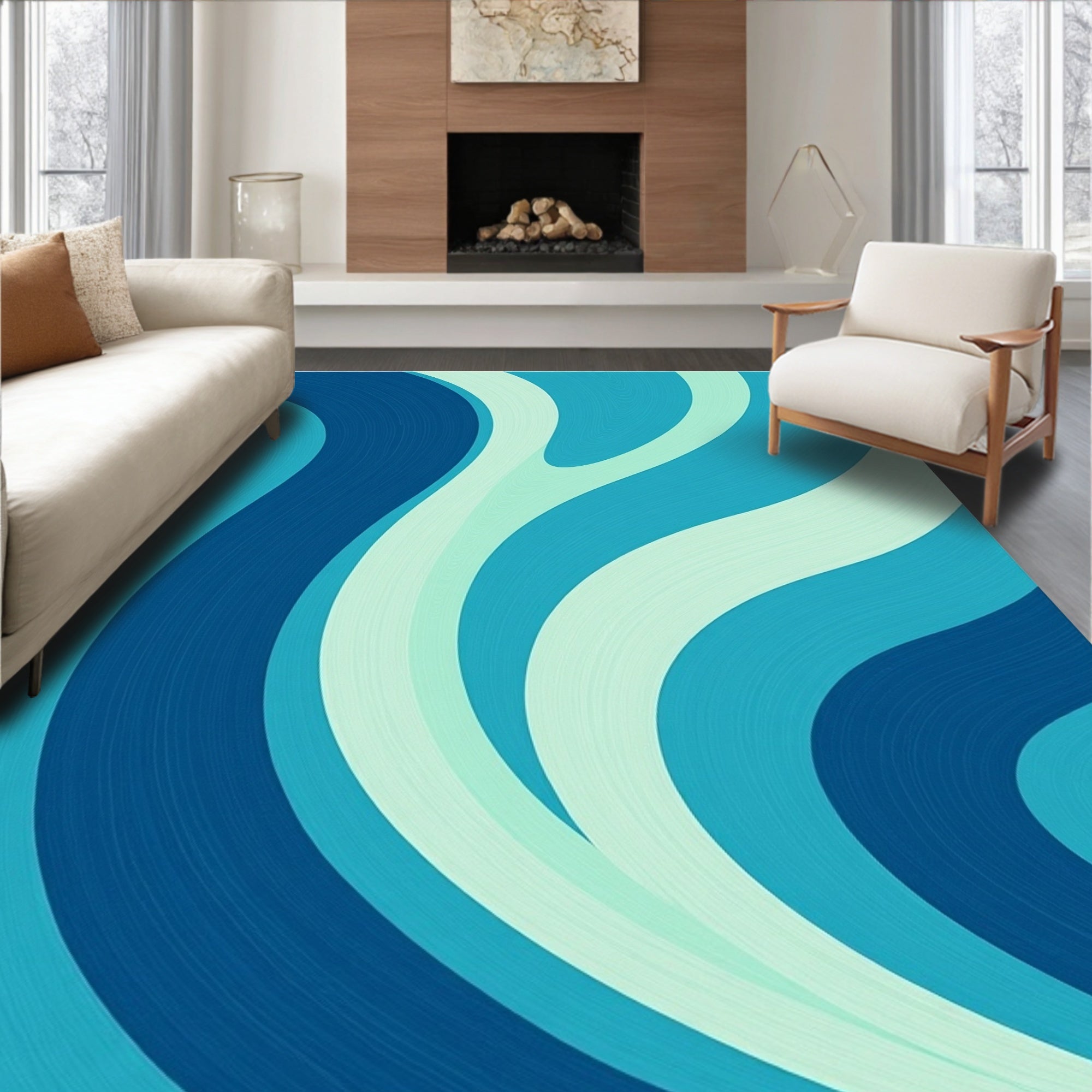 Flowing Blue Aqua Swirls Pattern Rug