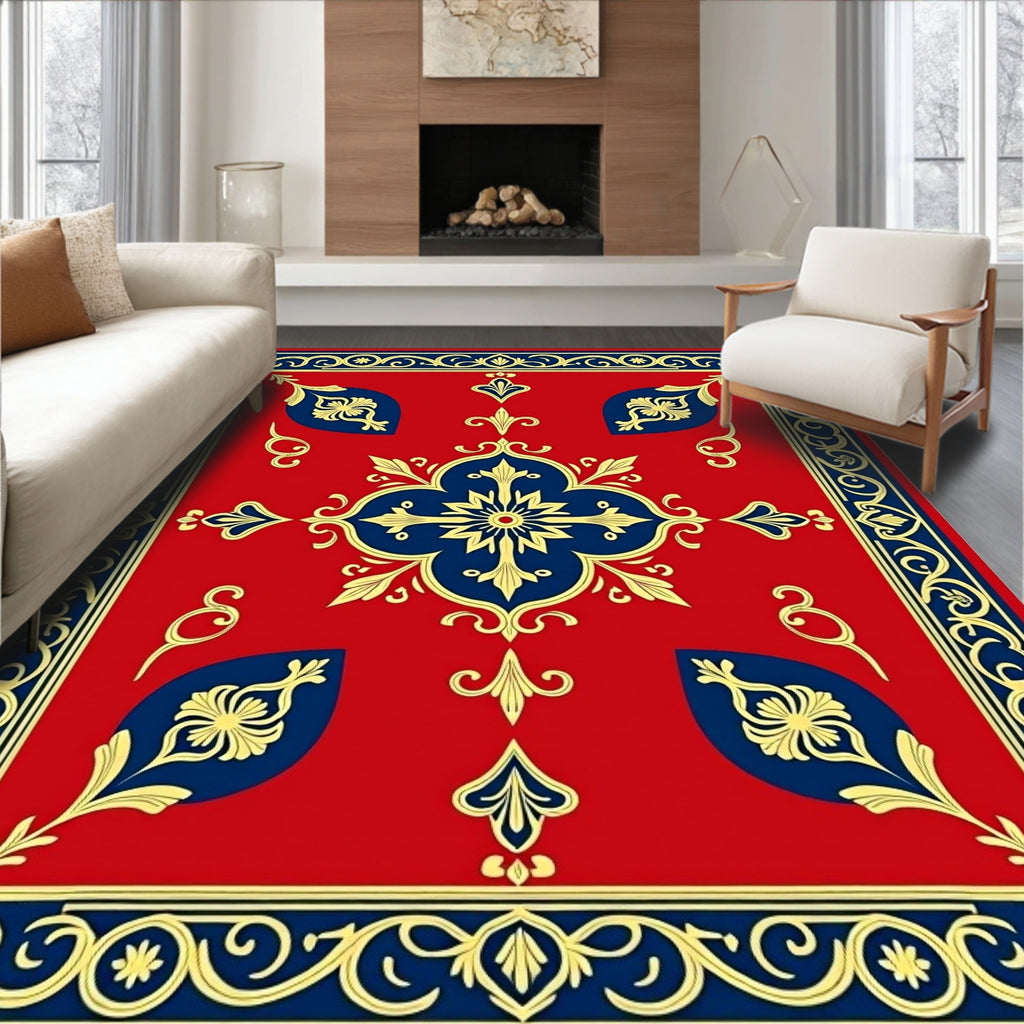 Ornate Red Blue Gold Floral Design Rug