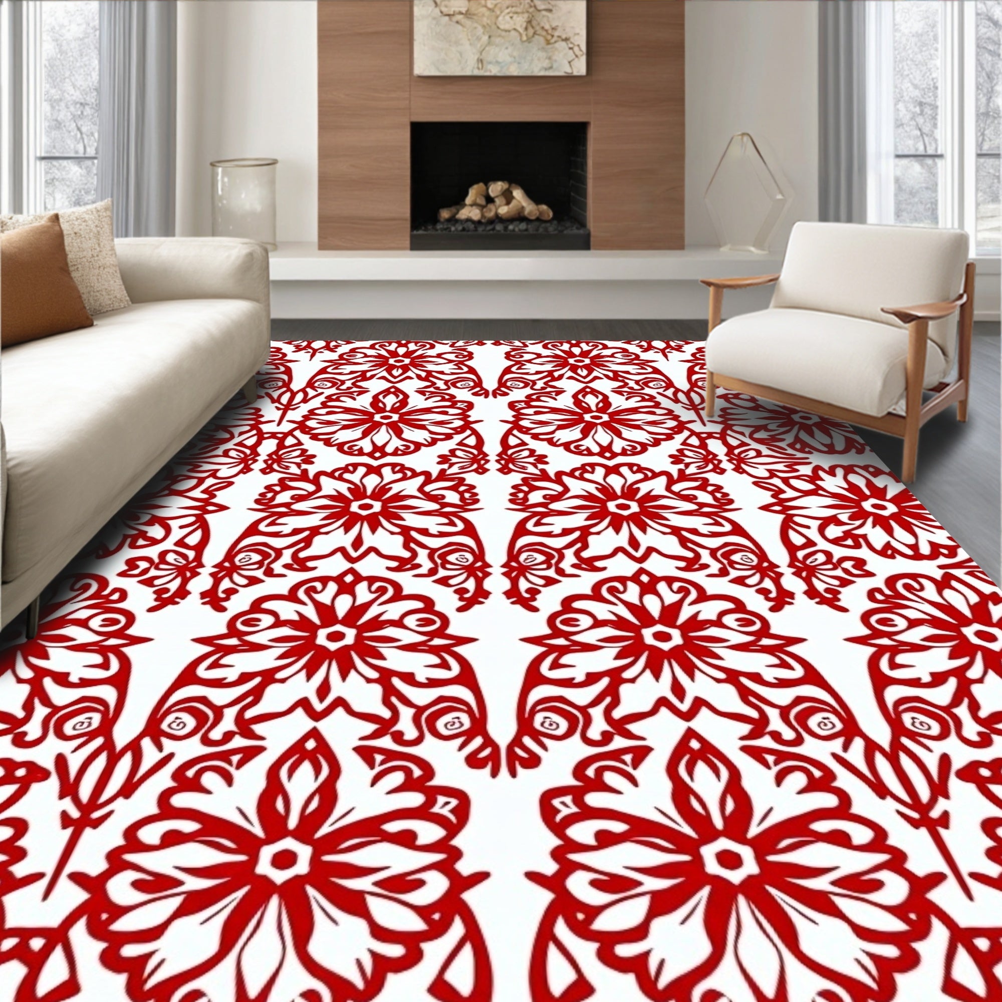 Classic Red Floral Damask Pattern Rug