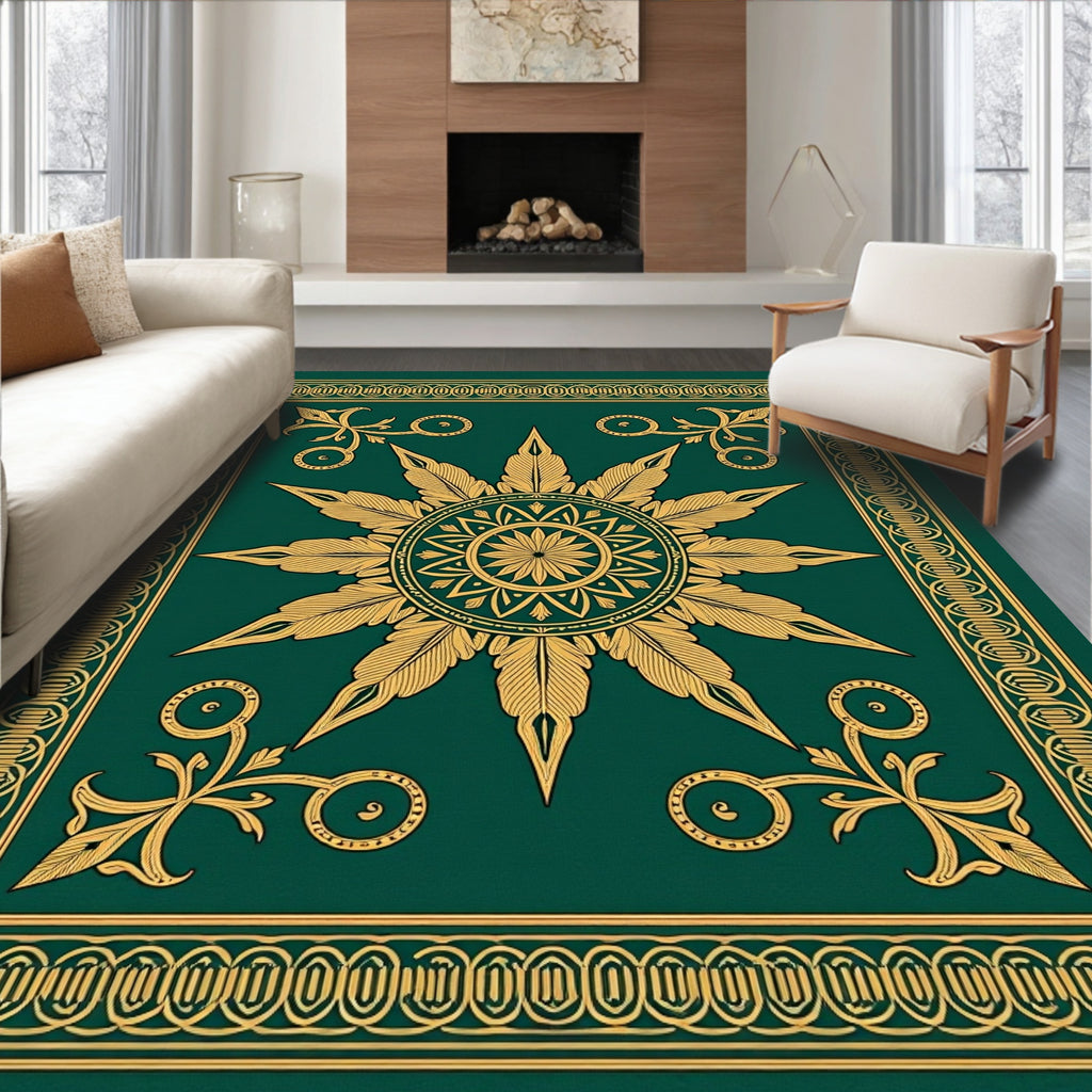 Elegant Gold Floral Sunburst Design Rug