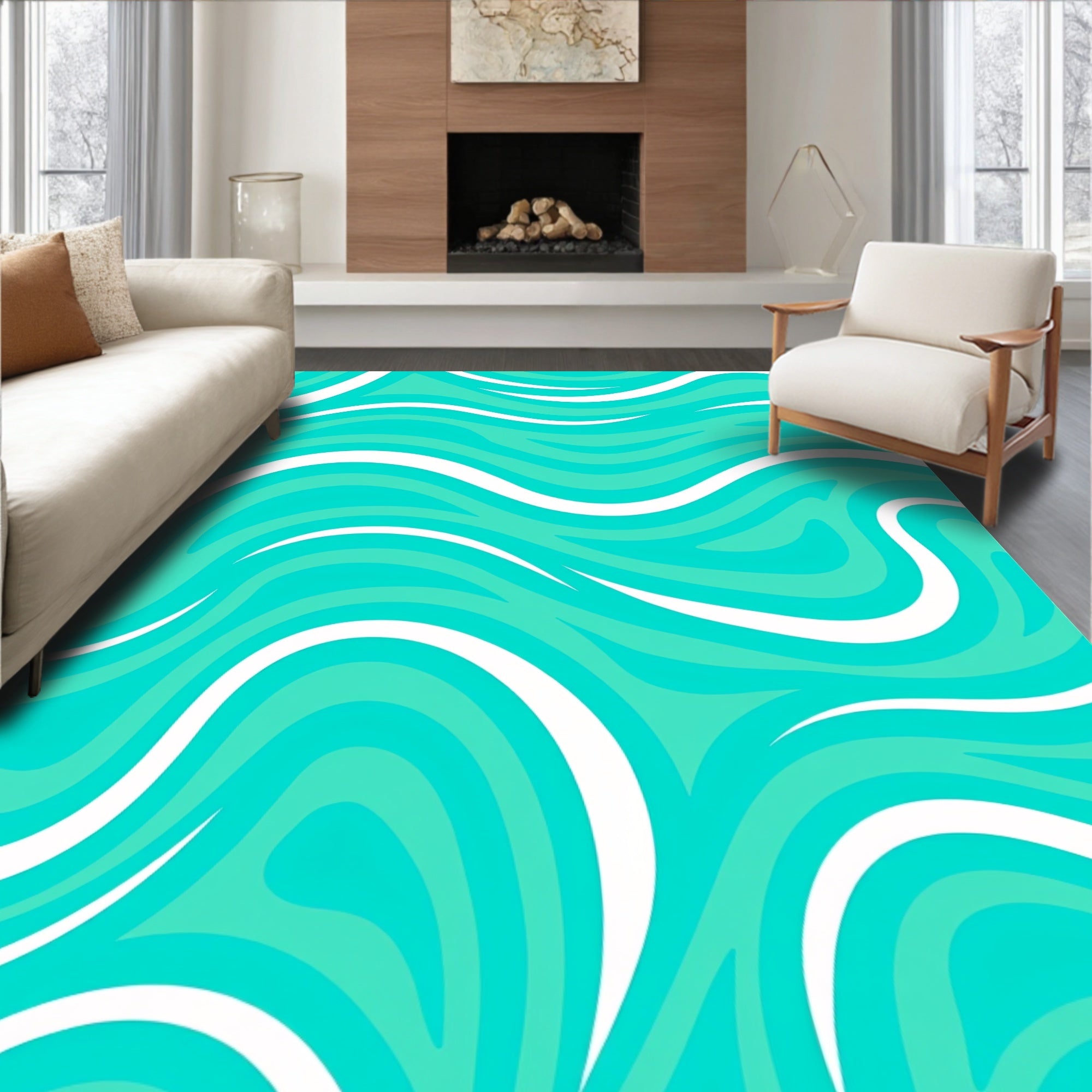 Aqua And White Flowing Pattern Rug