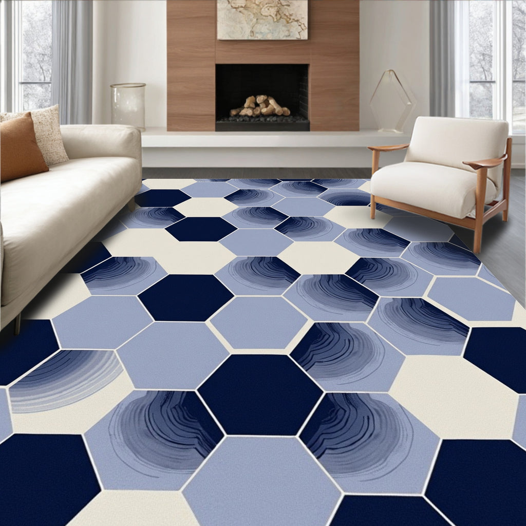 Abstract Hexagon Blue Swirl Pattern Rug
