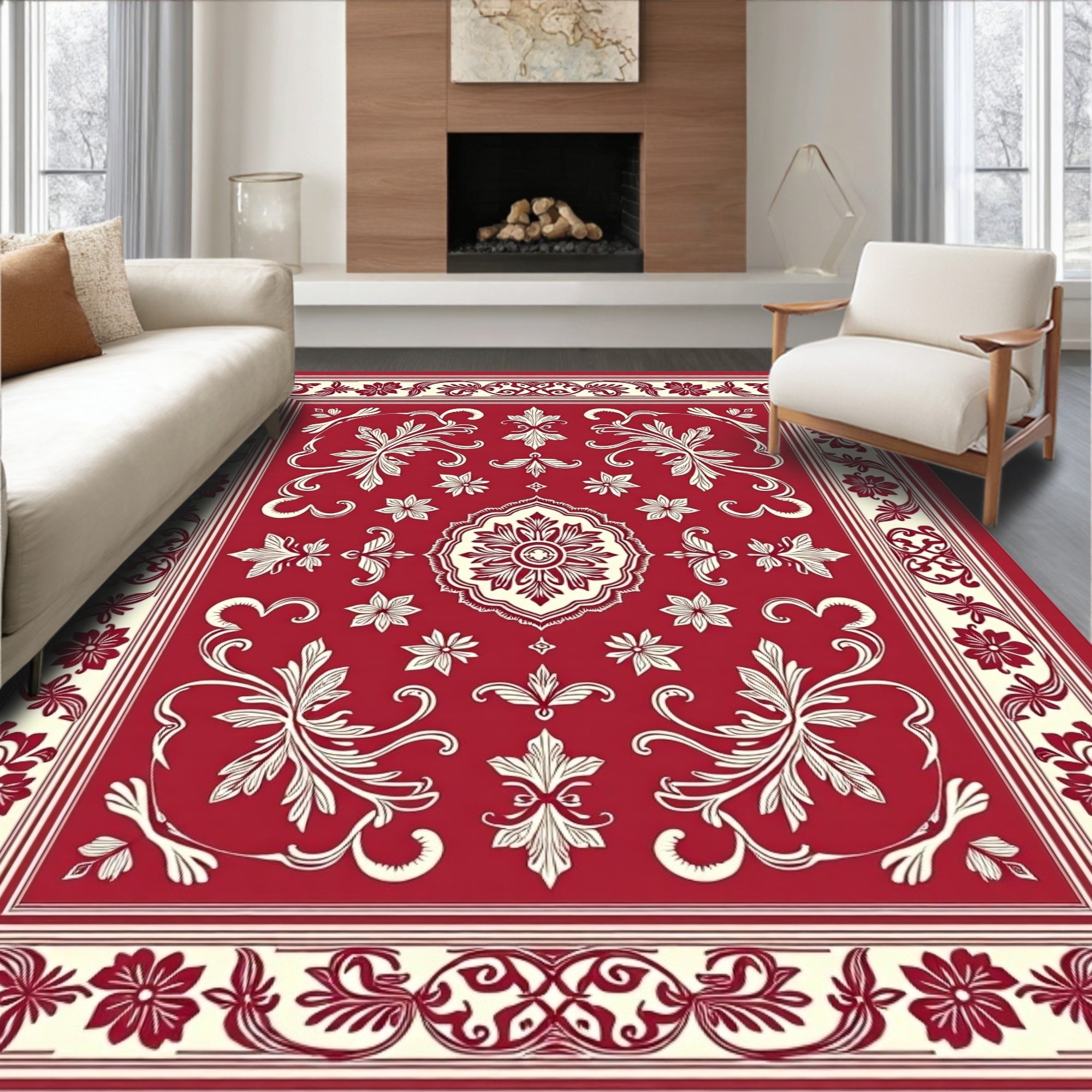 Classic Red and Ivory Floral Motif Rug