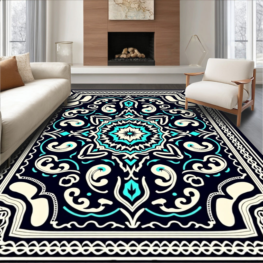 Midnight Blue Floral Medallion Pattern Rug