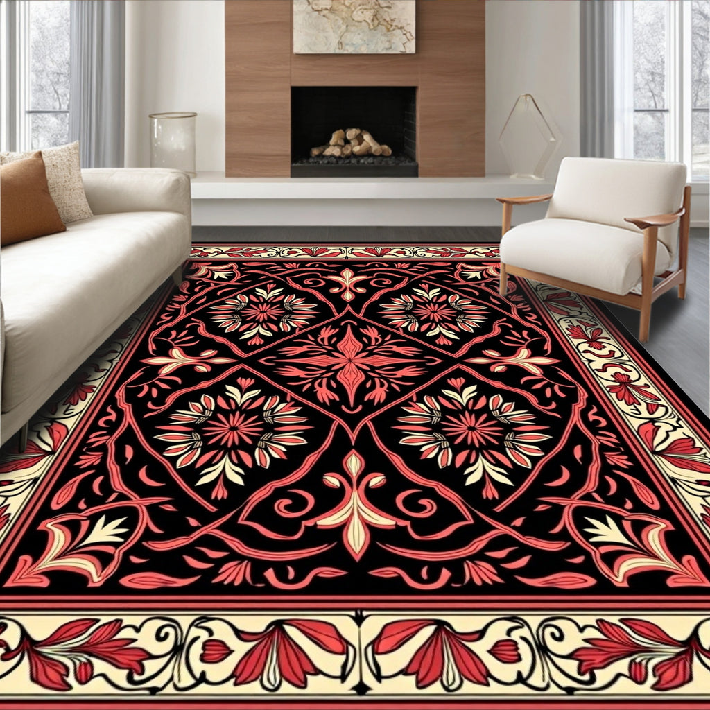 Intricate Floral Scrollwork Red Pattern Rug
