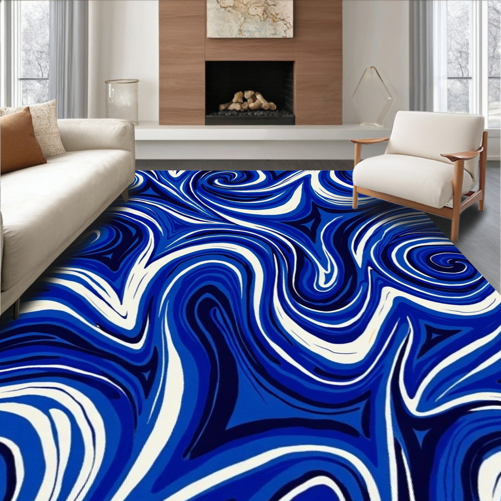 Navy White Swirling Waves Rug