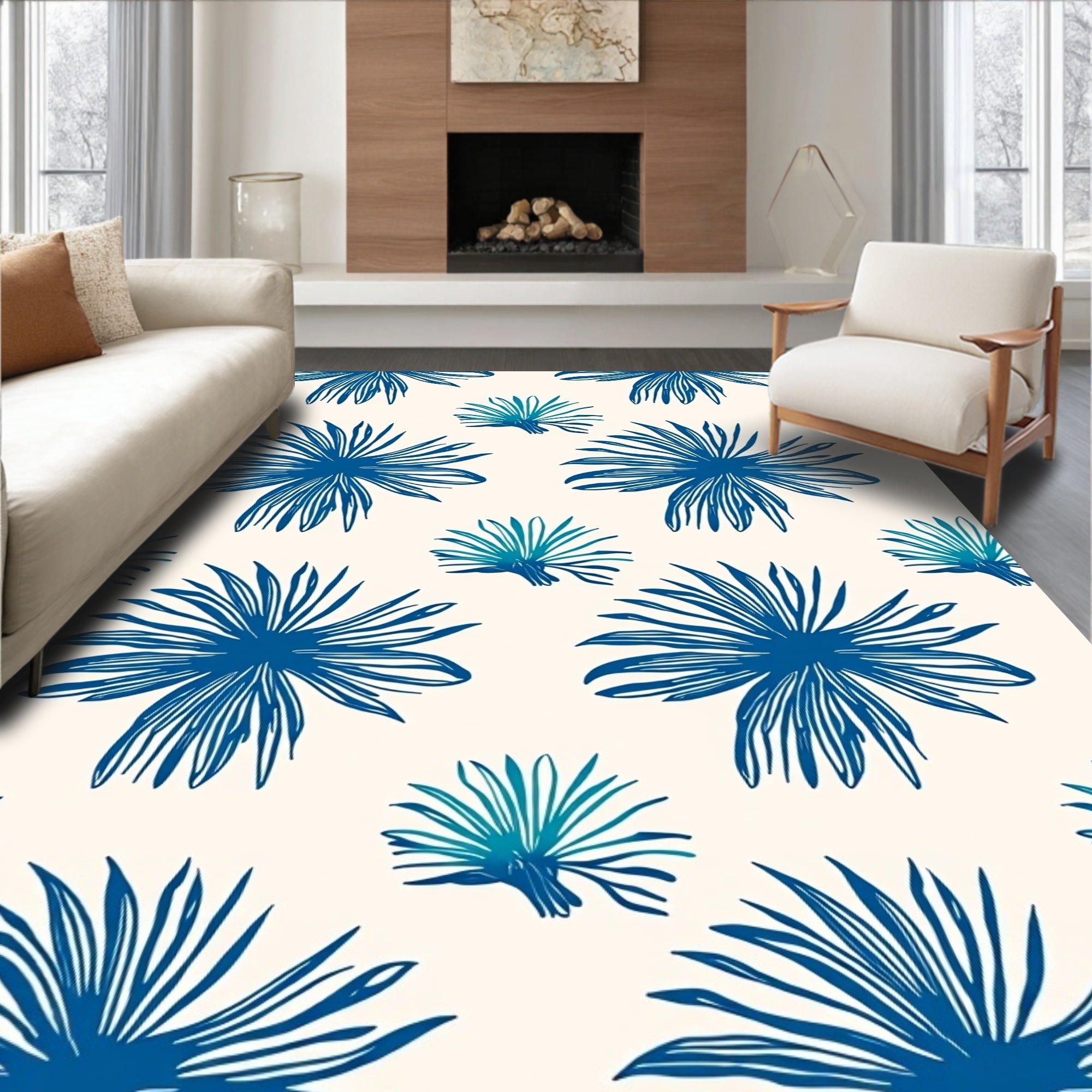 Bold Blue Leafy Pattern Rug