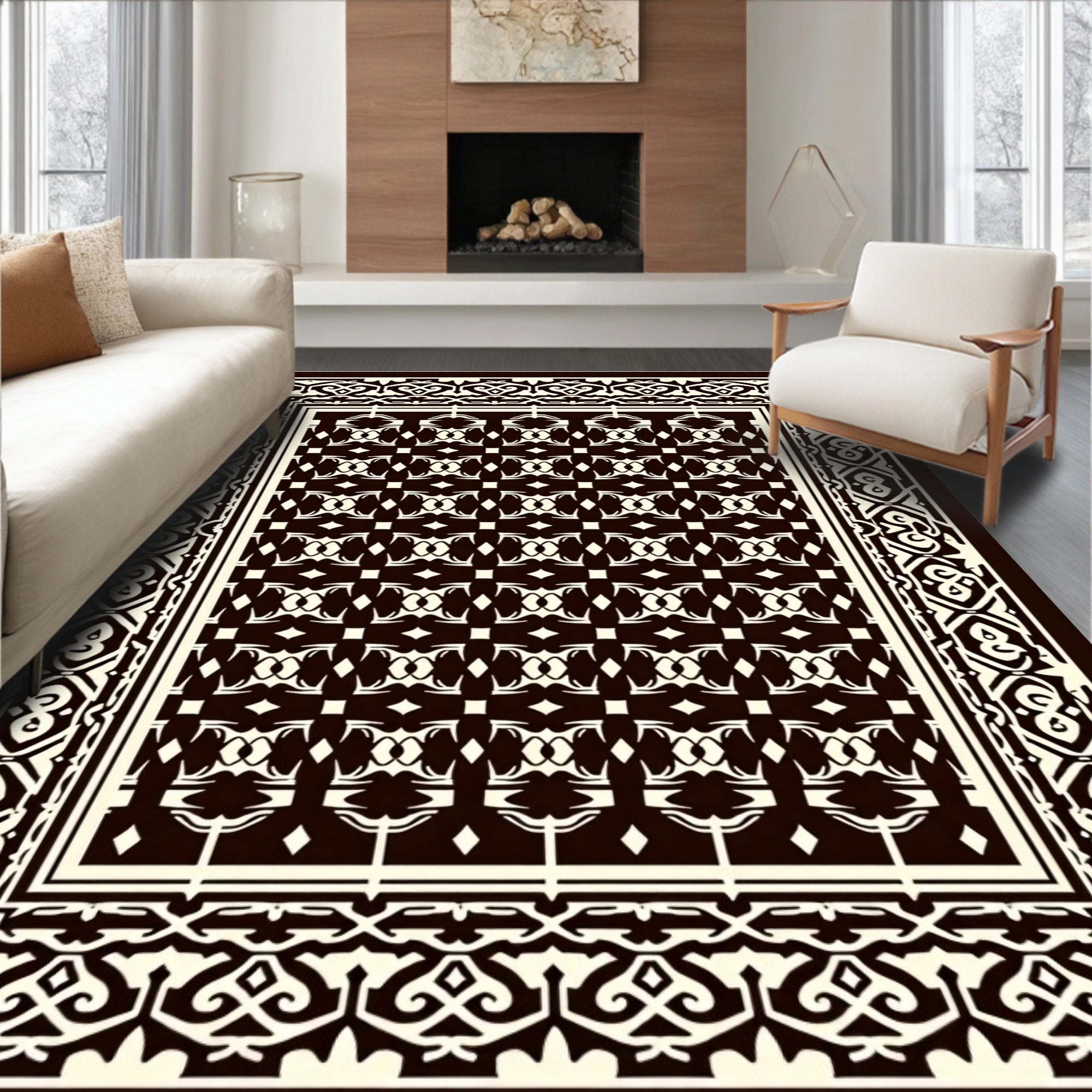Intricate Black and Cream Geometric Pattern Rug