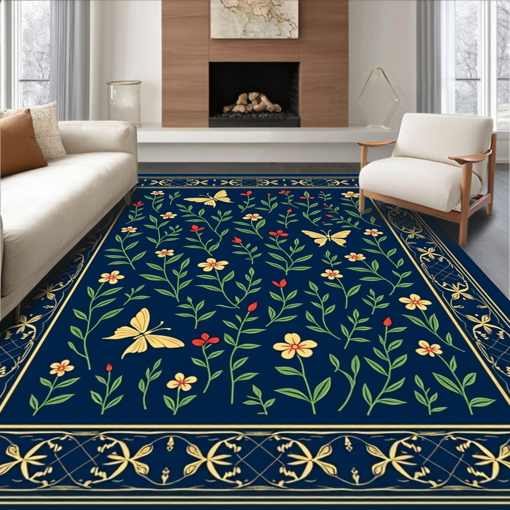 Elegant Floral Butterfly Patterned Rug