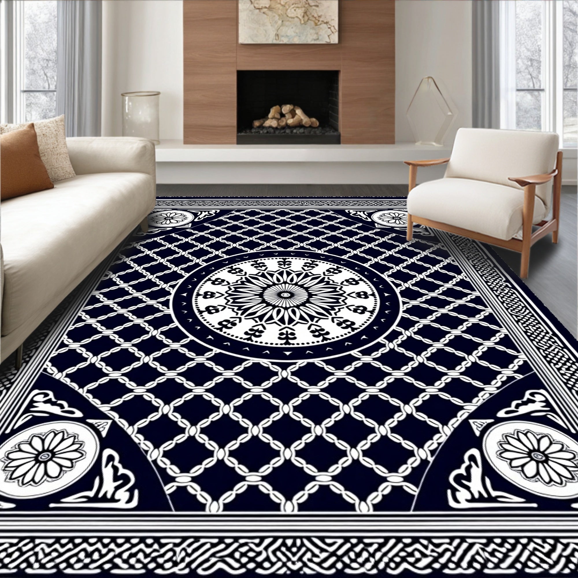 Traditional Navy White Geometric Mandala Pattern Rug