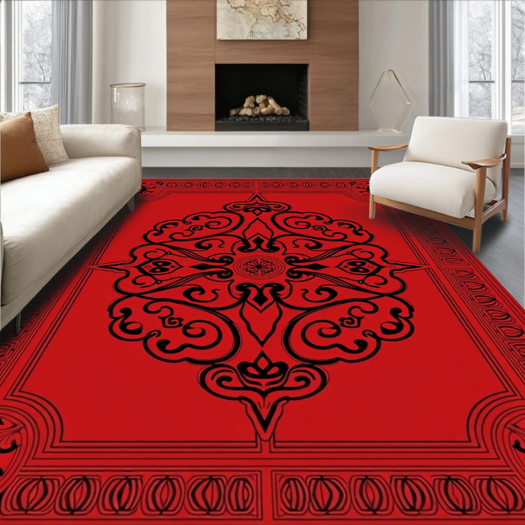 Red Black Ornate Scrollwork Design Rug