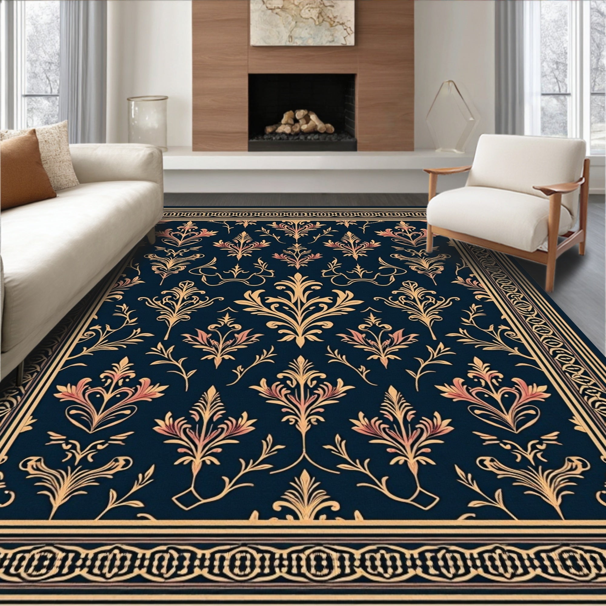 Ornate Floral Damask Dark Blue Rug