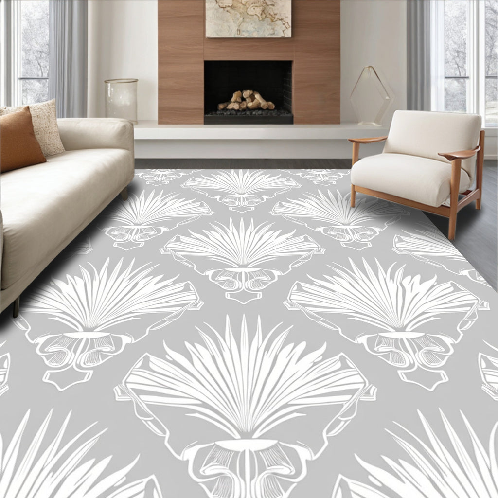 Grey White Stylized Palm Leaf Pattern Rug