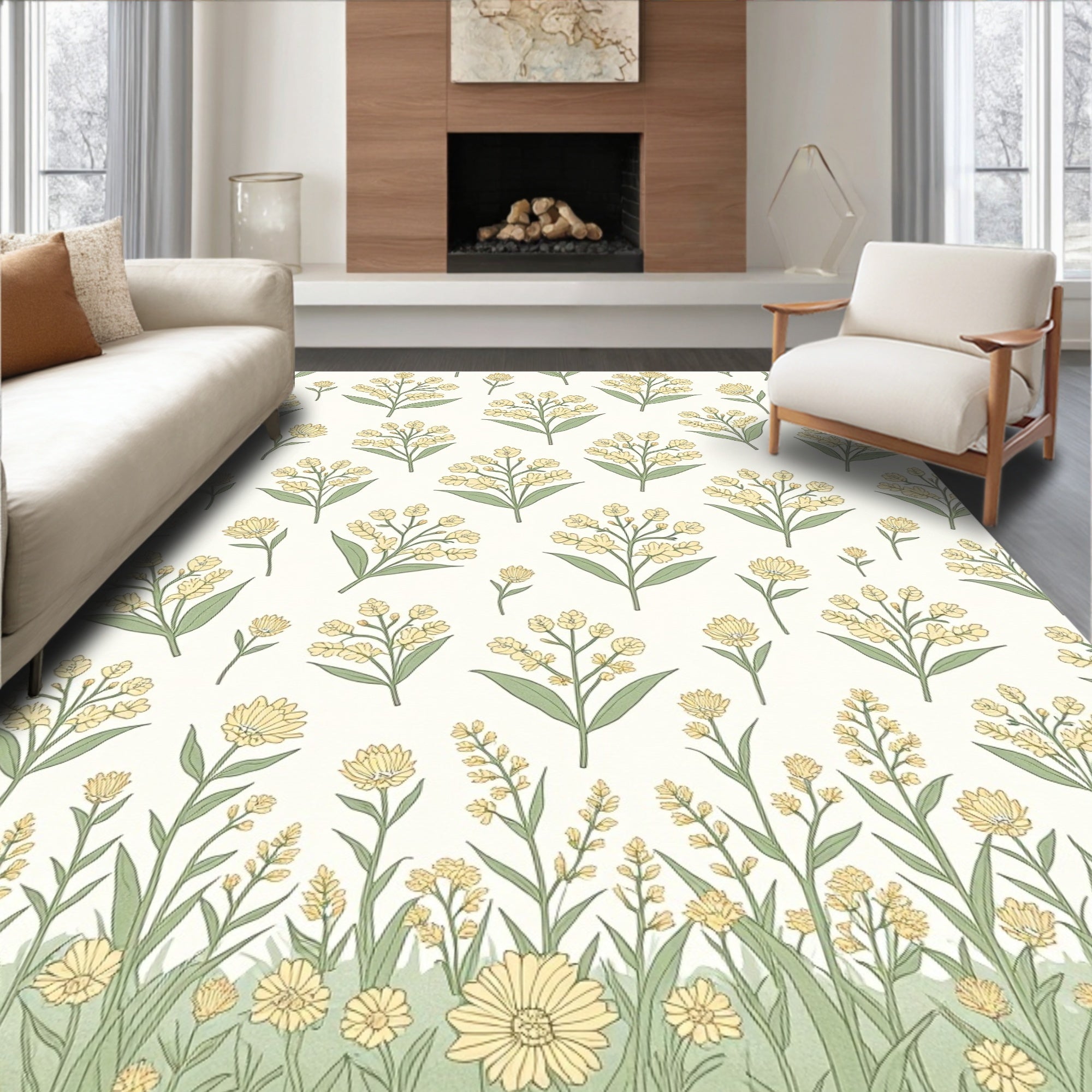 Delicate Yellow Floral Garden Pattern Rug