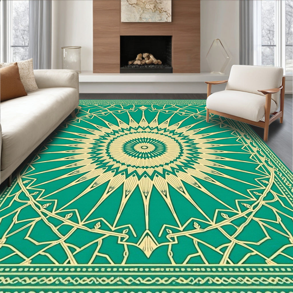Teal Gold Sunburst Traditional Pattern Rug
