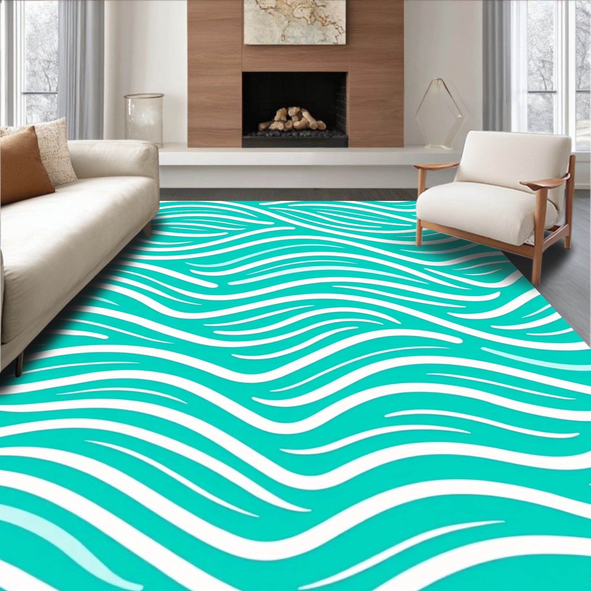 Flowing Aqua White Stripes Rug