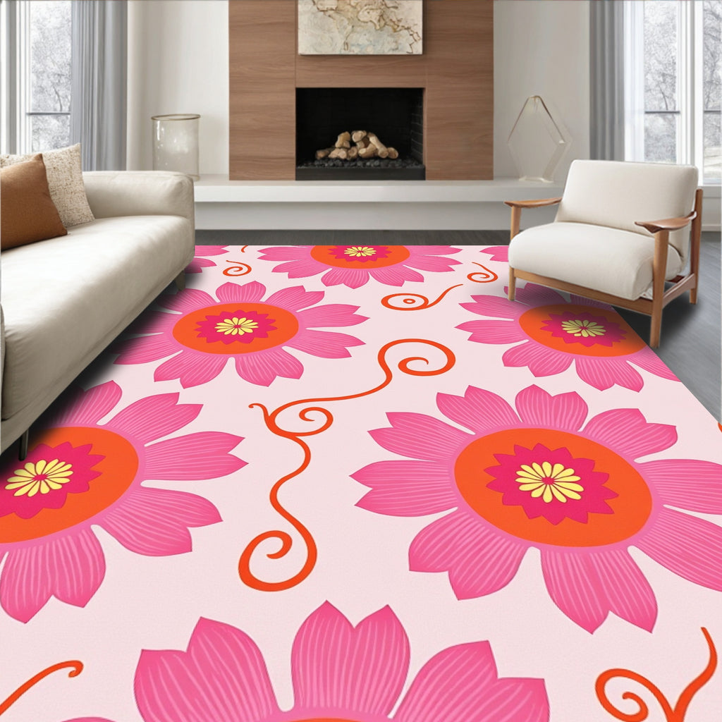 Retro Floral Swirls Pink Pattern Rug