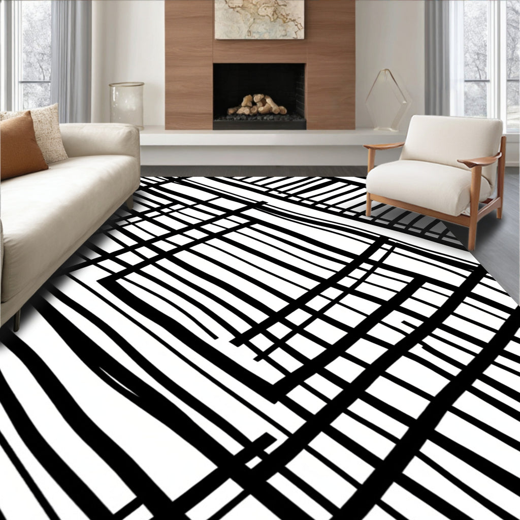 Modern Black White Intersecting Lines Pattern Rug