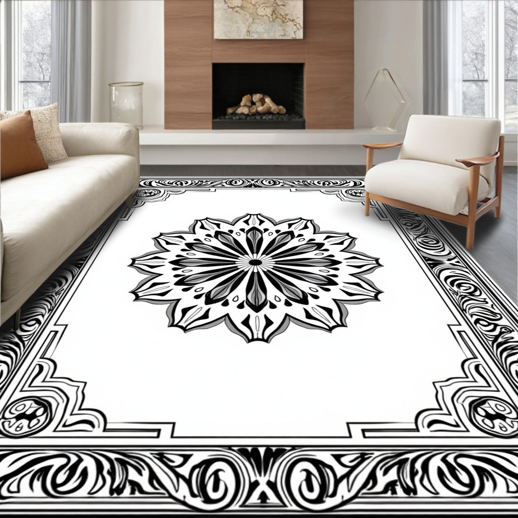 Elegant Black and White Mandala Rug