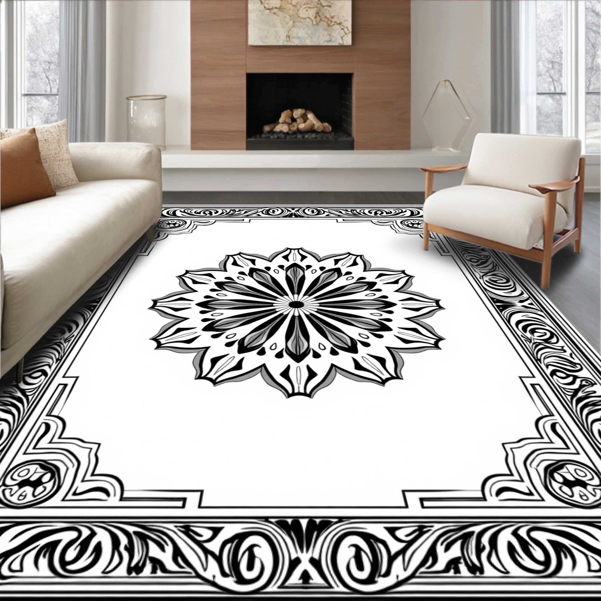 Elegant Black and White Mandala Rug