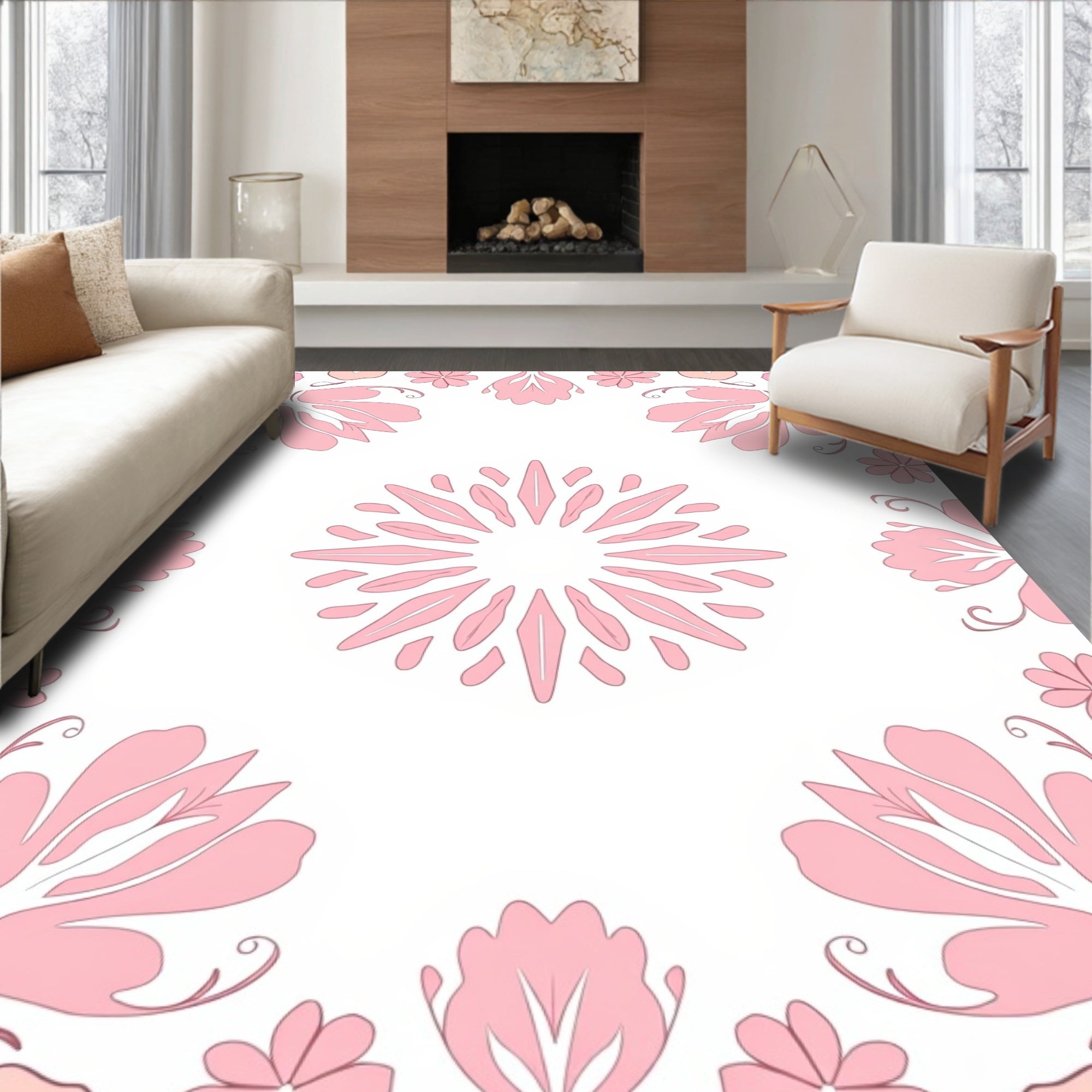 Pink Floral Mandala Pattern Rug