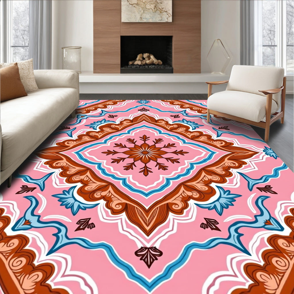 Pink Brown Blue Floral Symmetry Rug