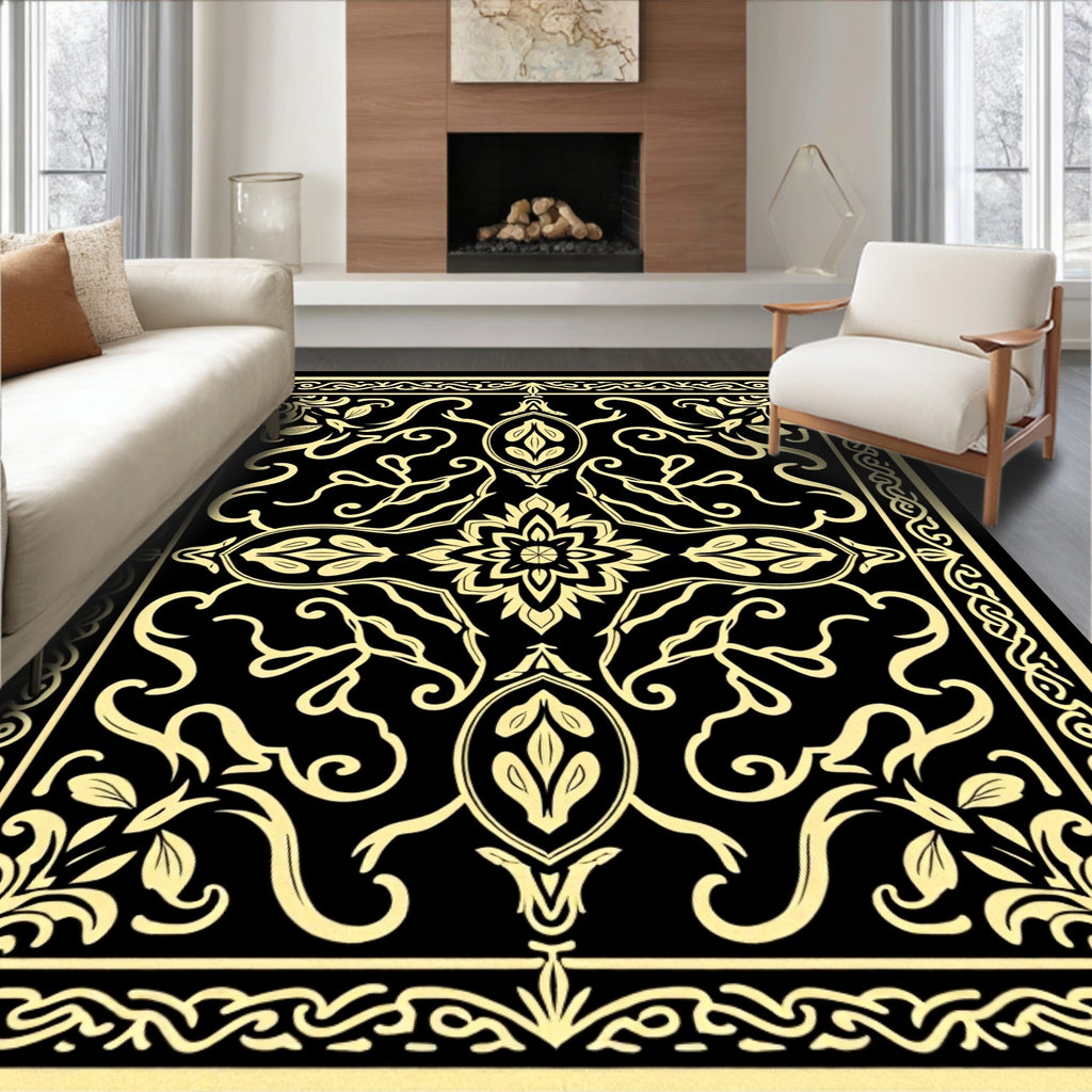 Ornate Black Gold Mandala Rug