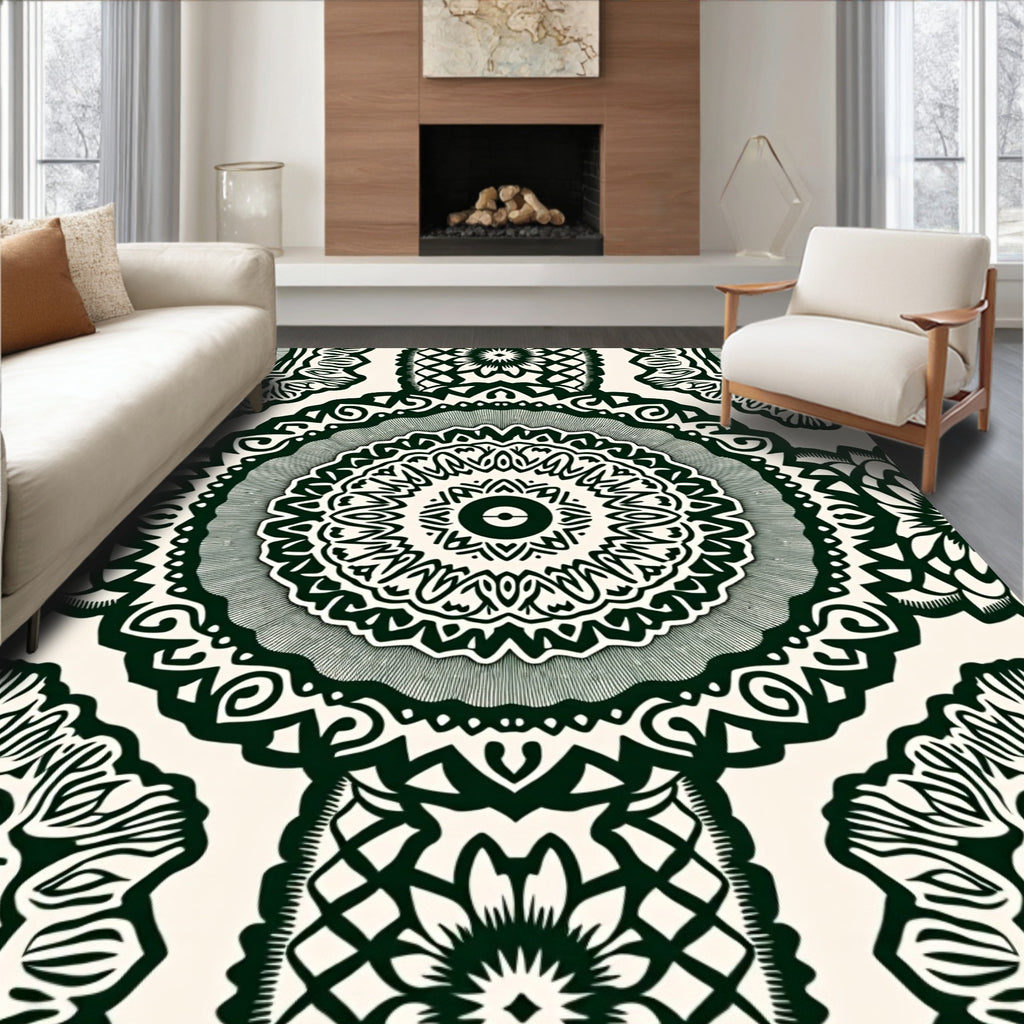 Dark Green Cream Mandala Print Rug