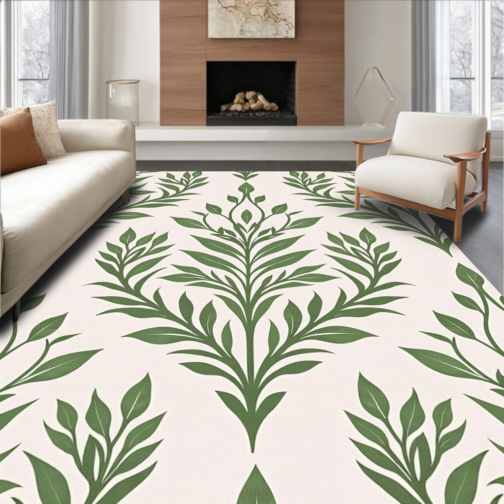 Green Leafy Damask Floral Pattern Rug
