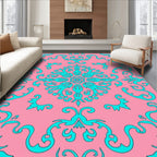 Pink Turquoise Floral Flourish Design Rug
