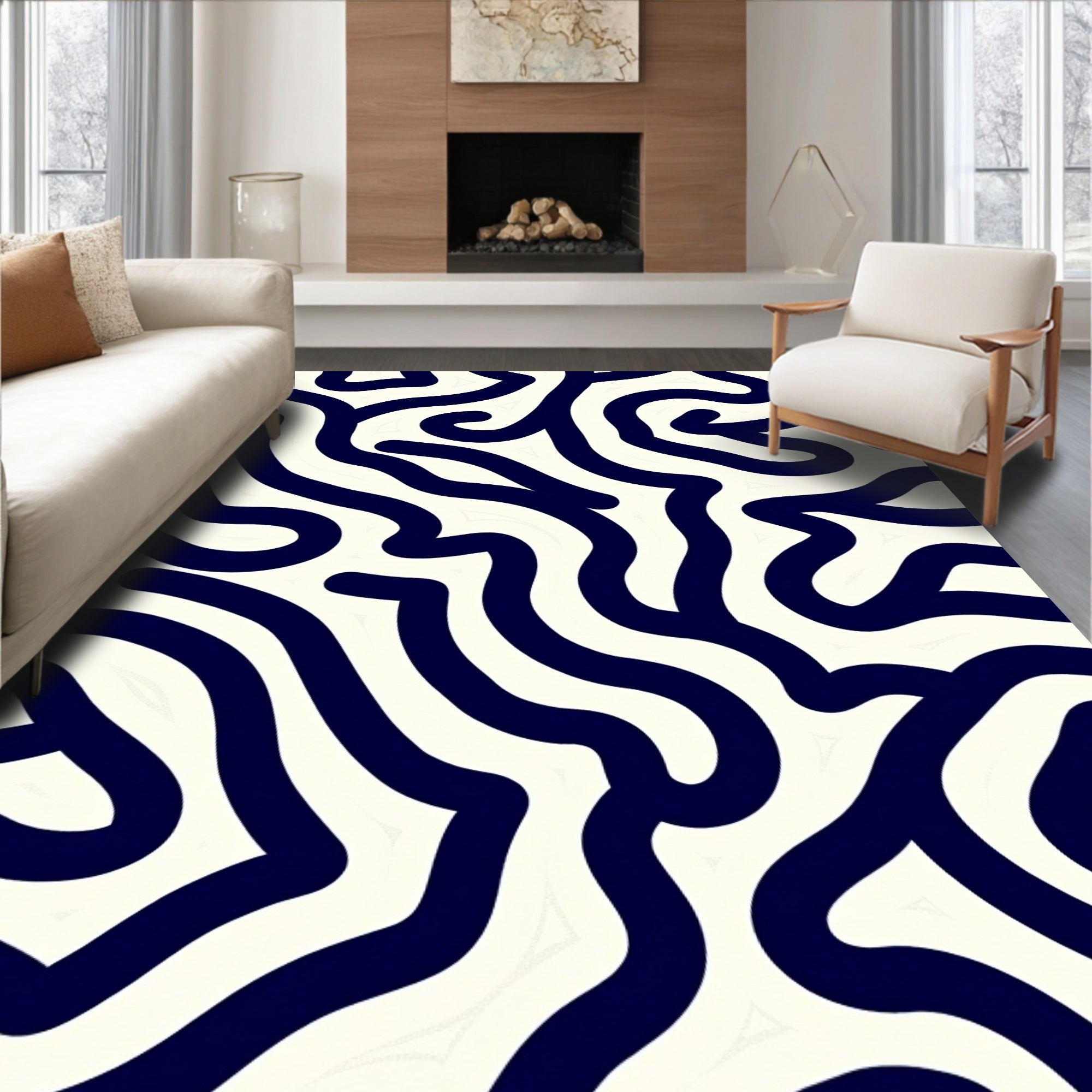 Navy Blue Abstract Swirl Pattern Rug
