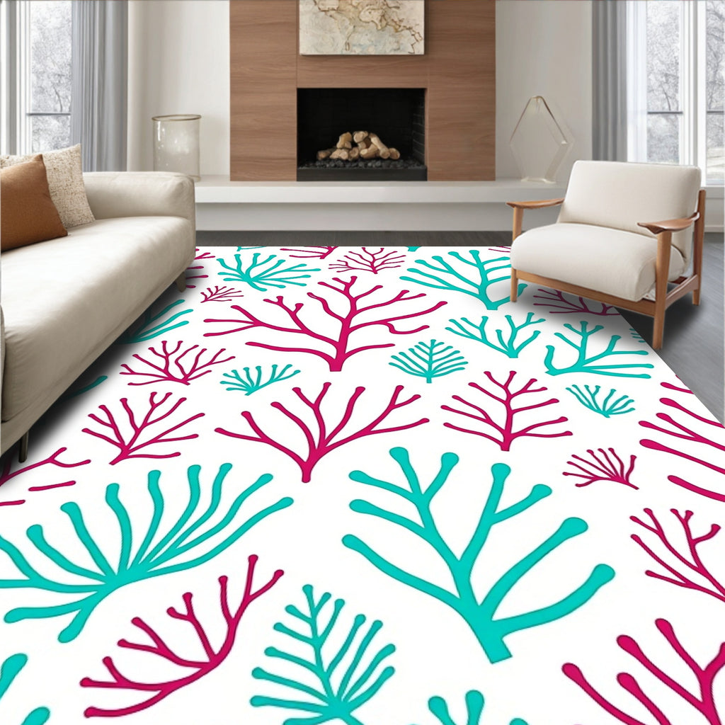 Coral Branch Pattern Red Teal Rug