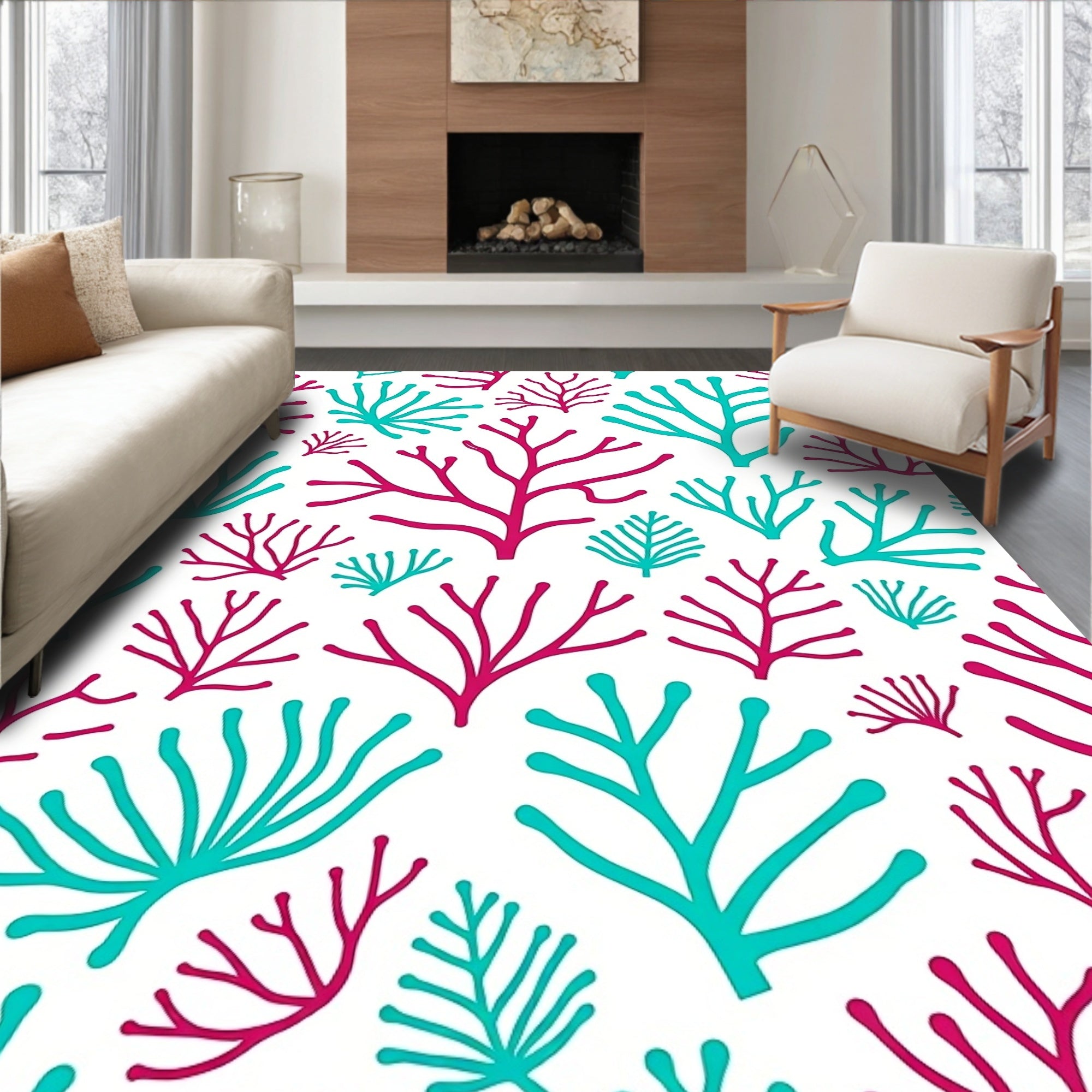 Coral Branch Pattern Red Teal Rug