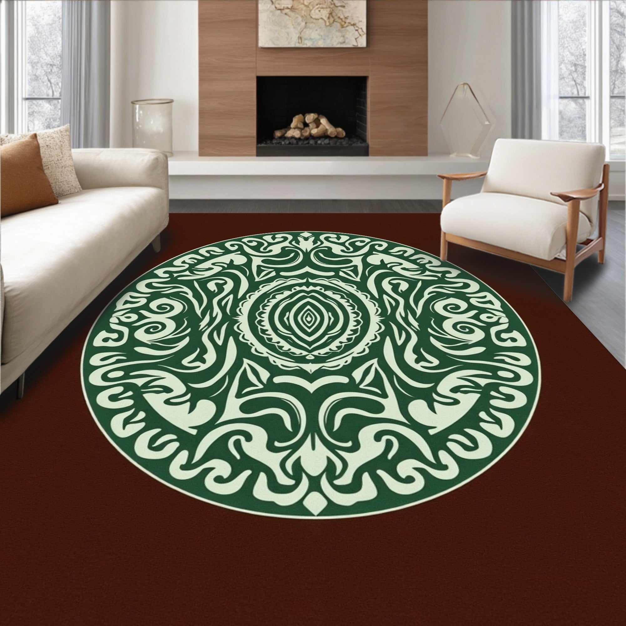 Elaborate Circular Green Ivory Medallion Rug