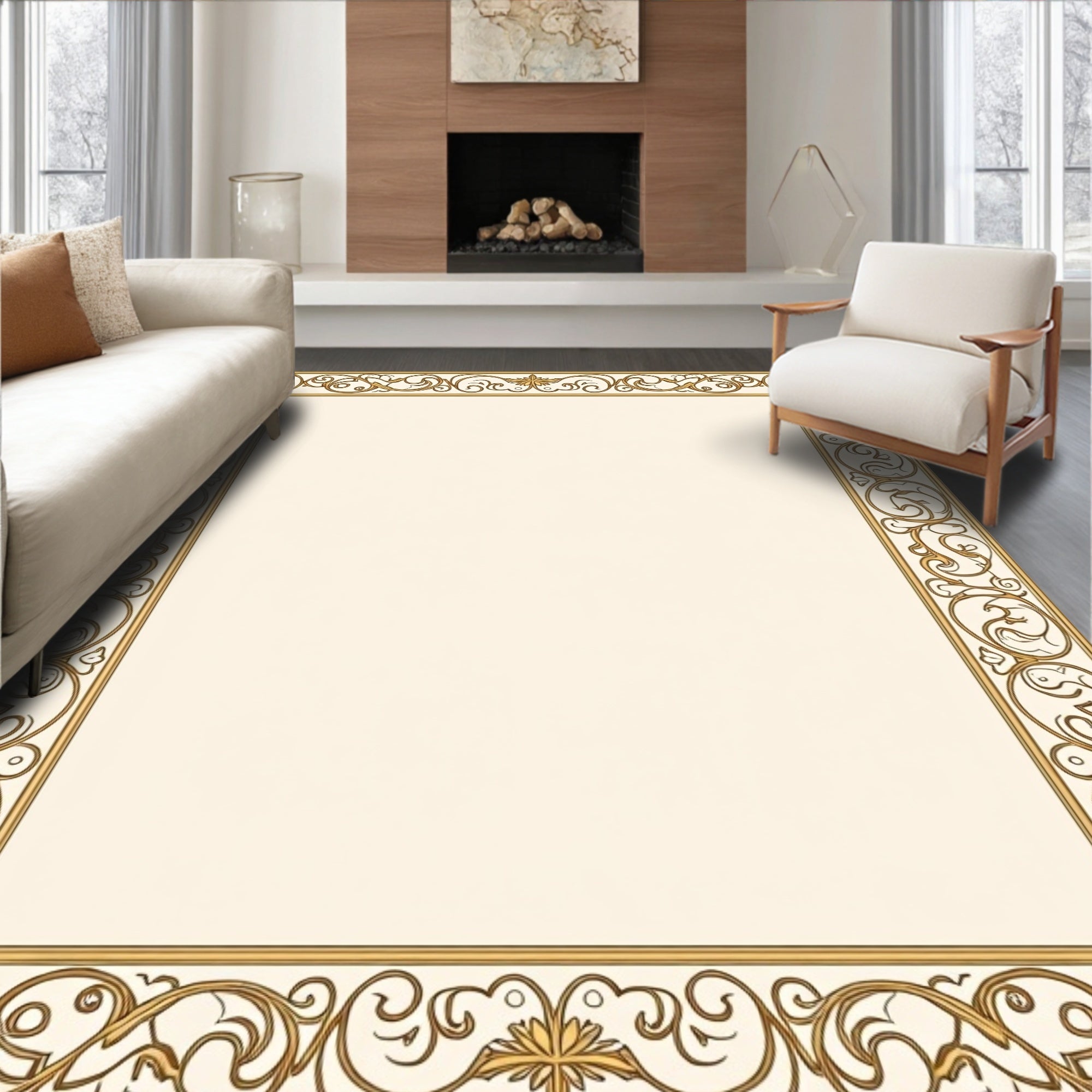 Elegant Gold Floral Scroll Border Rug