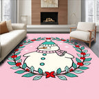 Whimsical Snowman Wreath Pink Background Rug