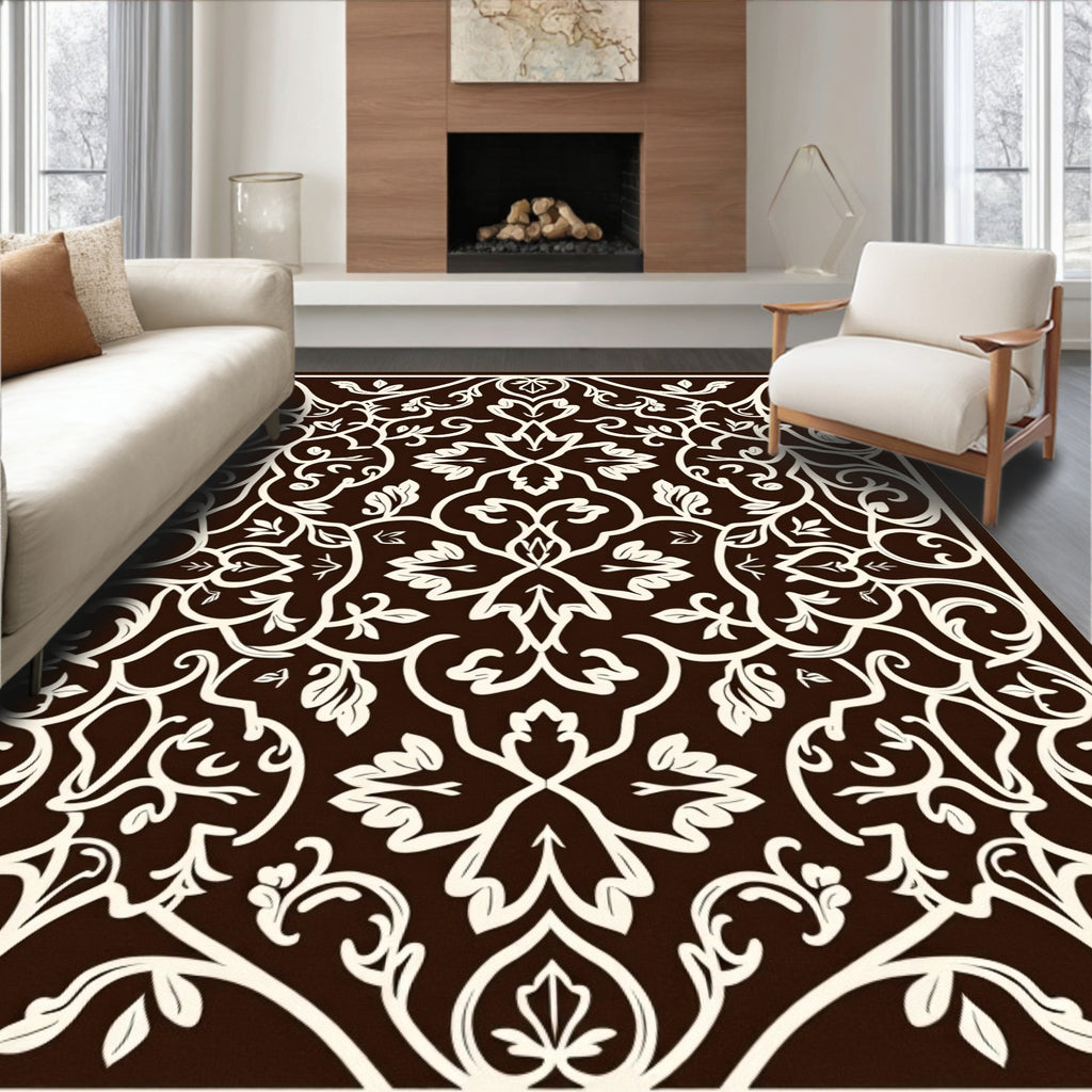 Ornate Brown Cream Leafy Scrollwork Rug