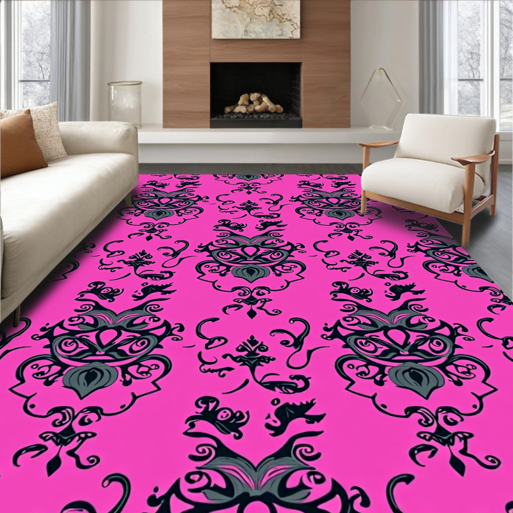 Ornate Black Pink Floral Design Rug