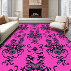 Ornate Black Pink Floral Design Rug