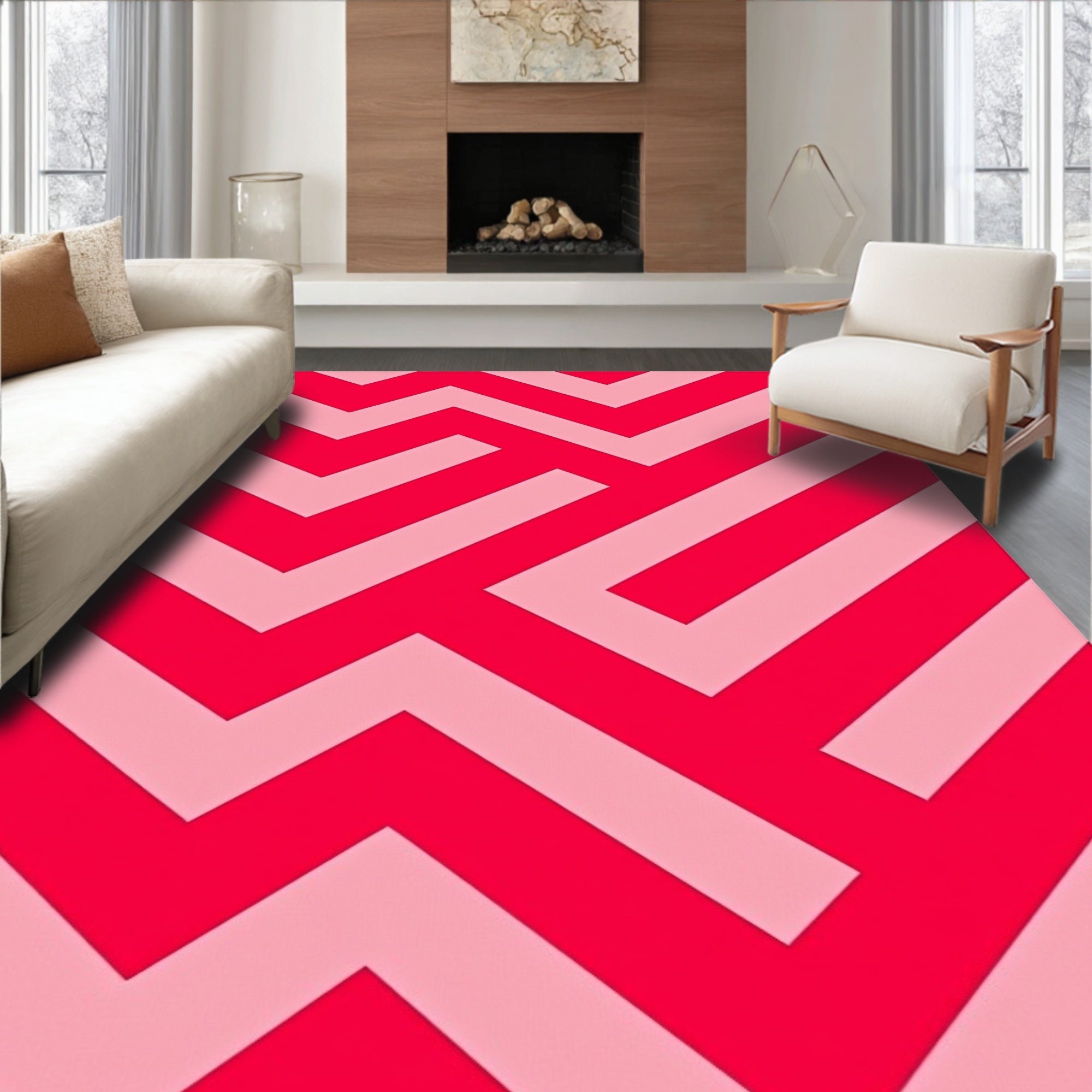Bold Red Geometric Maze Pattern Rug