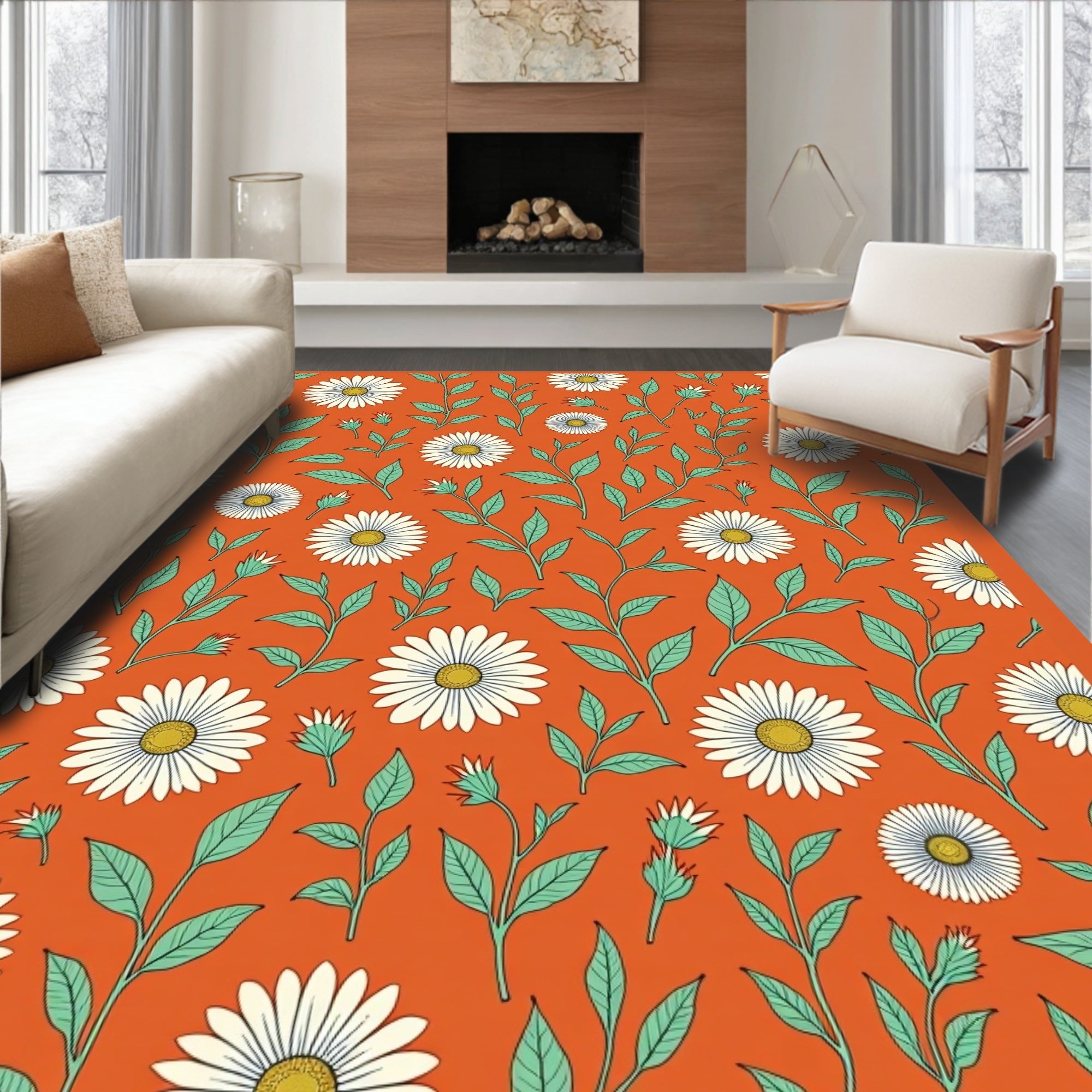 Orange Daisy and Leaf Pattern Rug