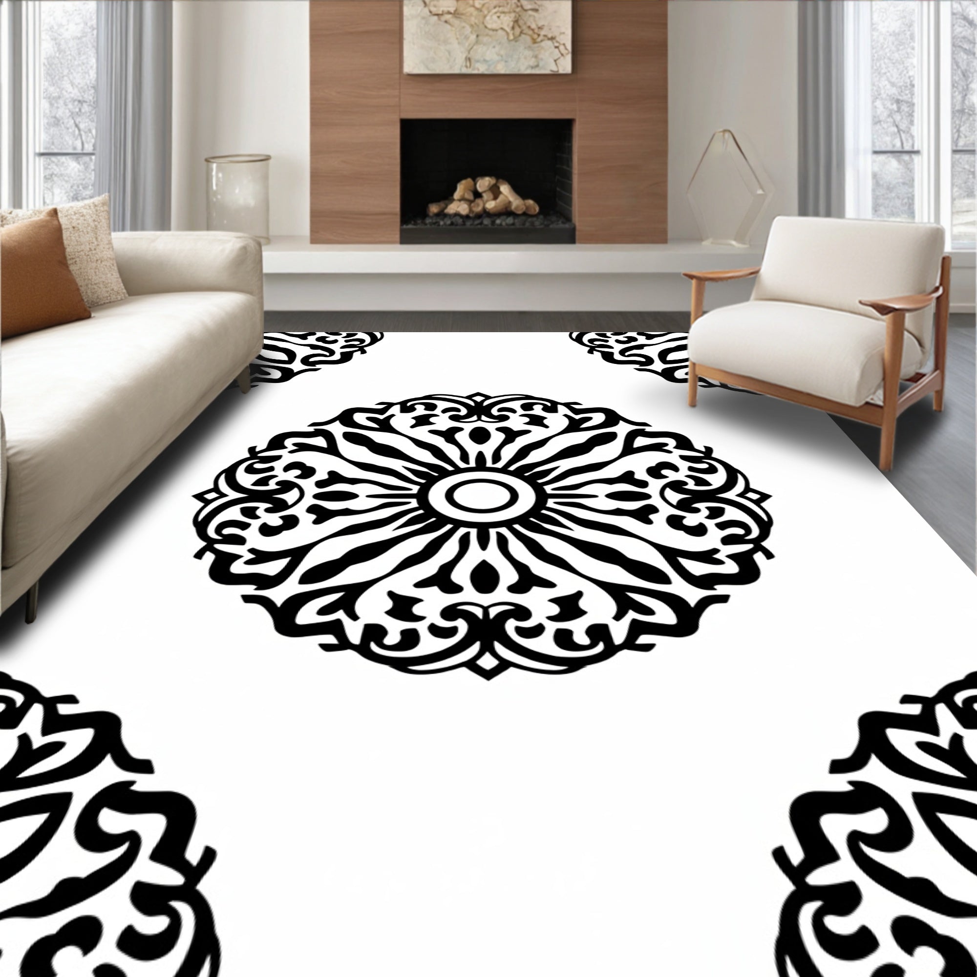 Black White Circular Ornate Pattern Rug