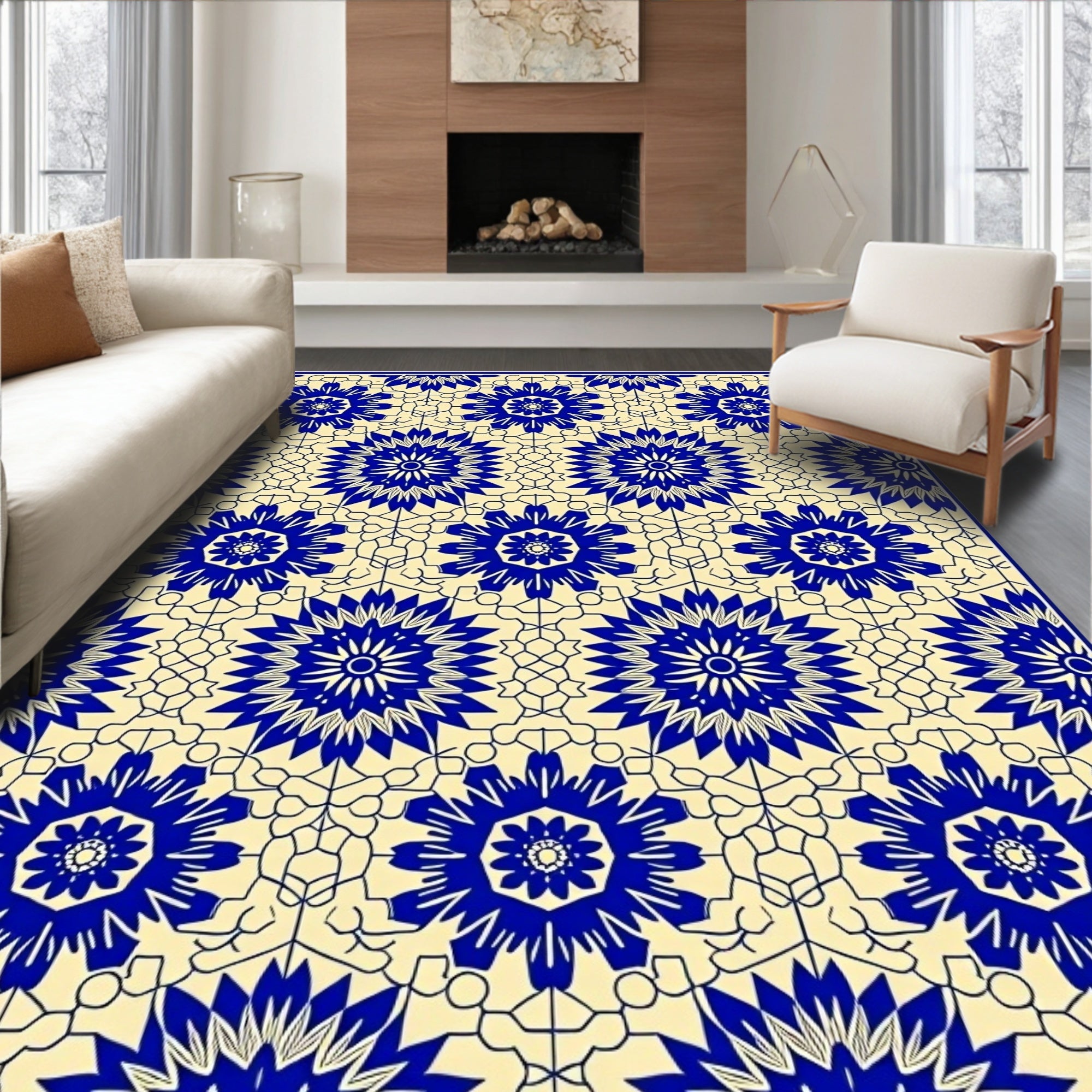 Blue Cream Intricate Floral Pattern Rug