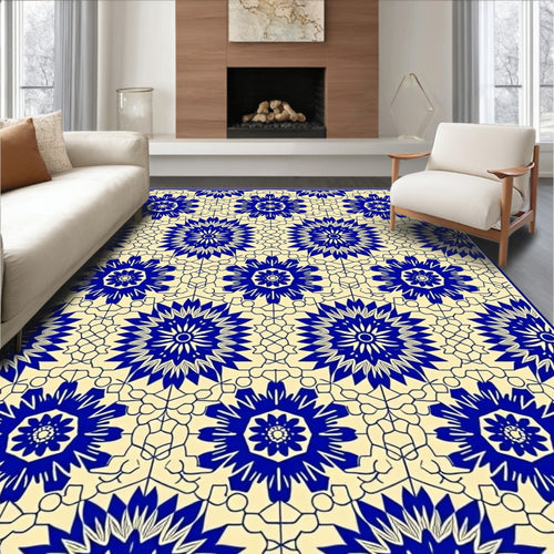Blue Cream Intricate Floral Pattern Rug