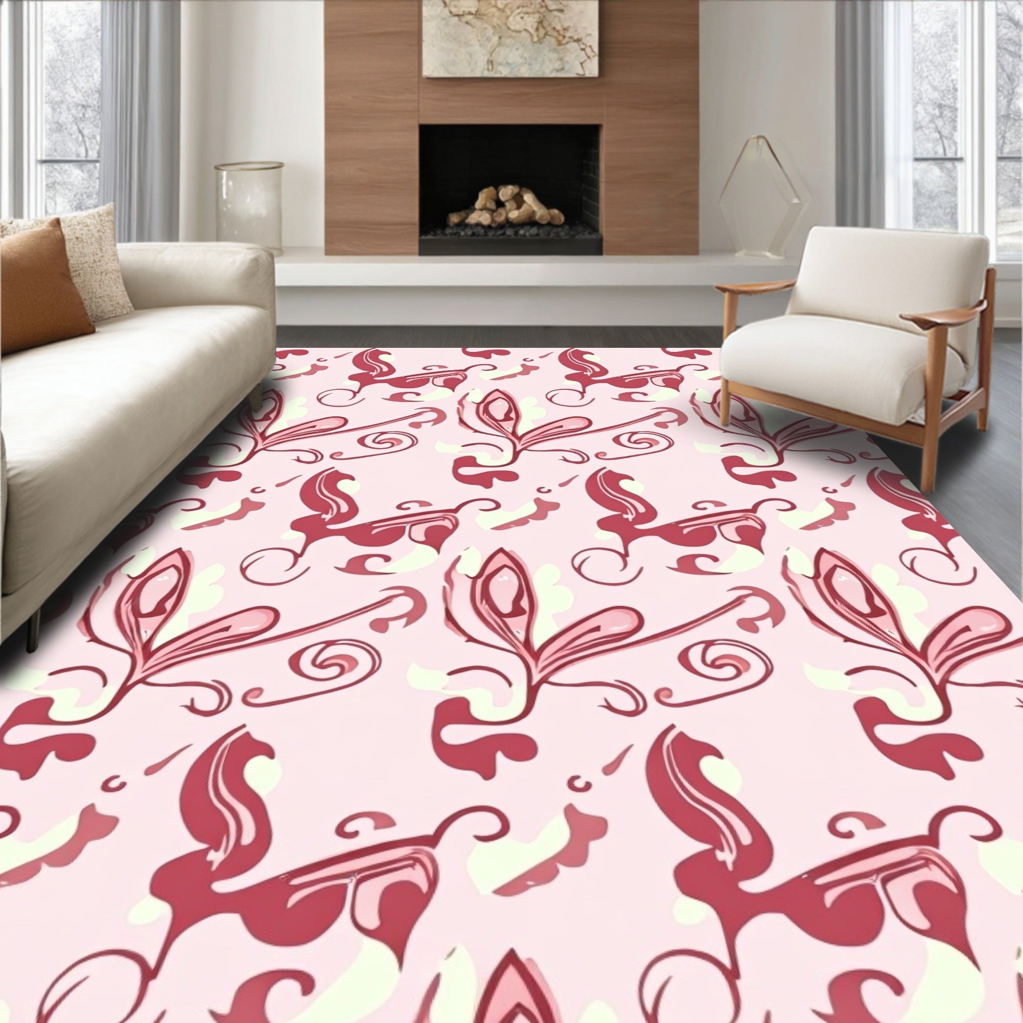 Pink Floral Swirl Abstract Design Rug