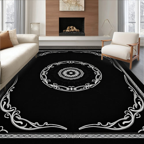 Black White Ornate Mandala Design Rug