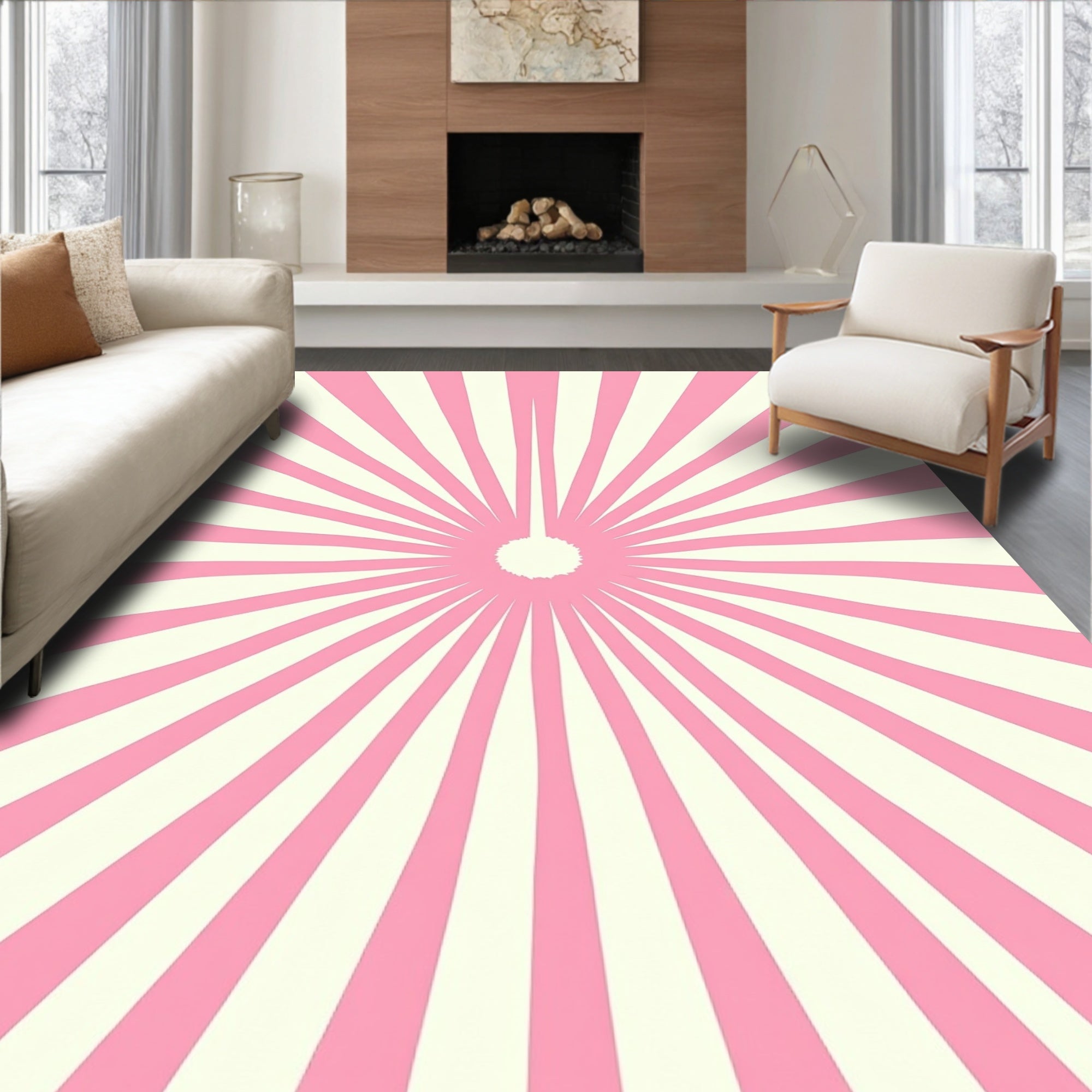 Pink and Cream Sunburst Pattern Rug